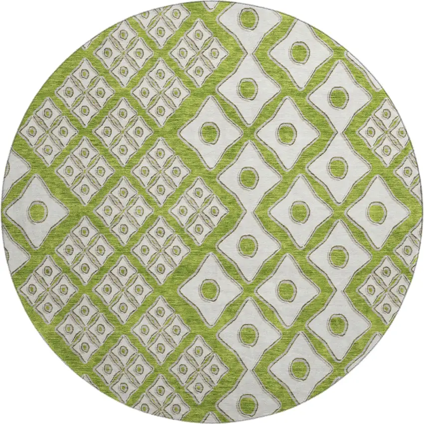 8' Lime Green And Ivory Geometric Washable Round Rug With UV Protection Photo 2