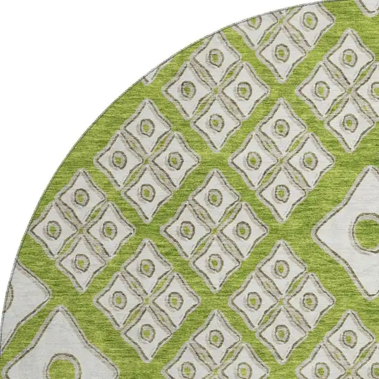 8' Lime Green And Ivory Geometric Washable Round Rug With UV Protection Photo 5