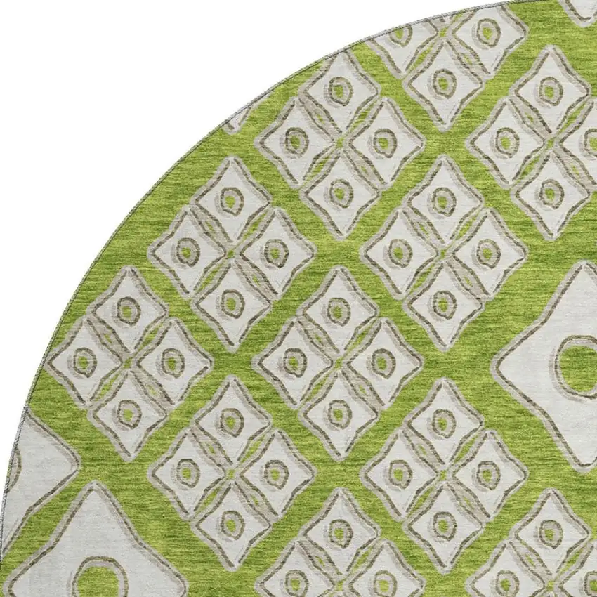 8' Lime Green And Ivory Geometric Washable Round Rug With UV Protection Photo 5