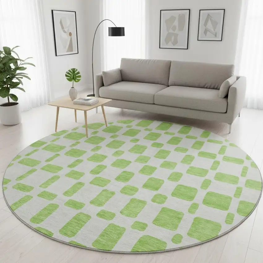 8' Lime Green And Ivory Geometric Washable Round Rug With UV Protection Photo 2