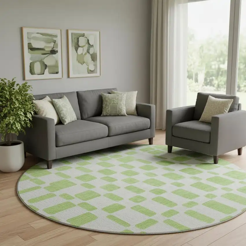 8' Lime Green And Ivory Geometric Washable Round Rug With UV Protection Photo 1