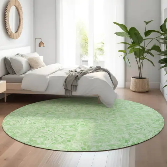 8' Lime Green And Ivory Medallion Washable Round Rug With UV Protection Photo 5