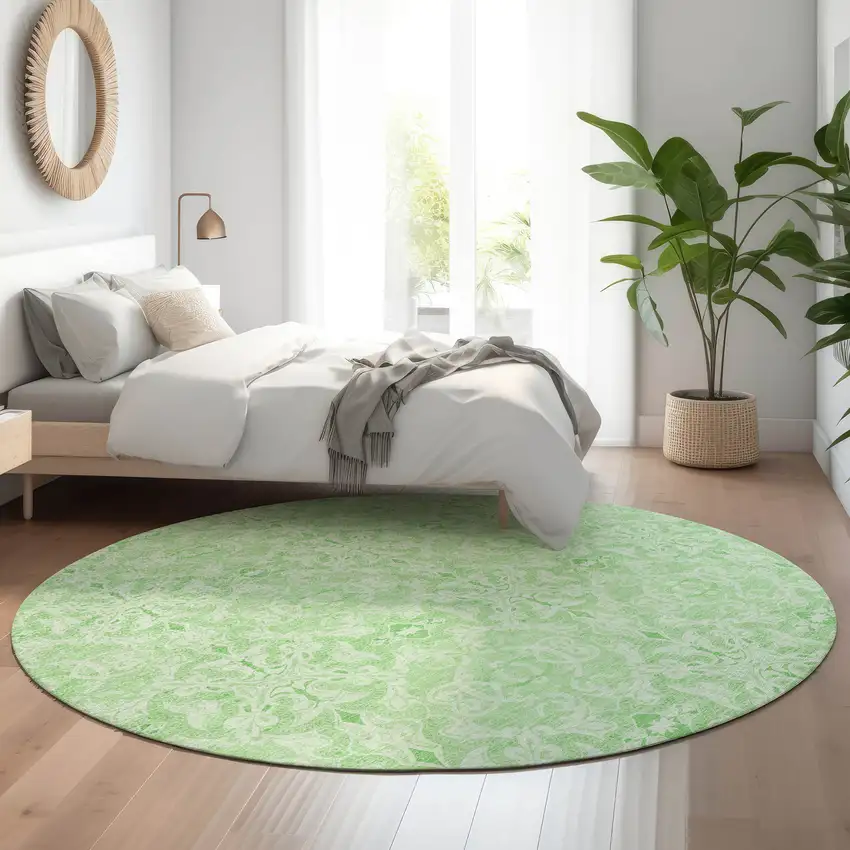 8' Lime Green And Ivory Medallion Washable Round Rug With UV Protection Photo 5
