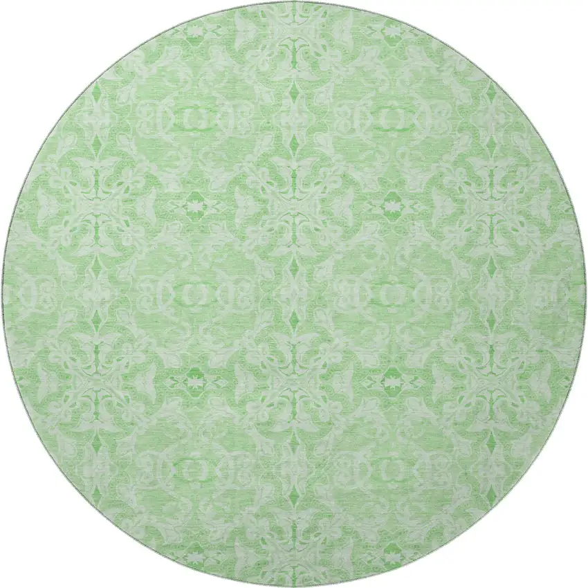 8' Lime Green And Ivory Medallion Washable Round Rug With UV Protection Photo 4
