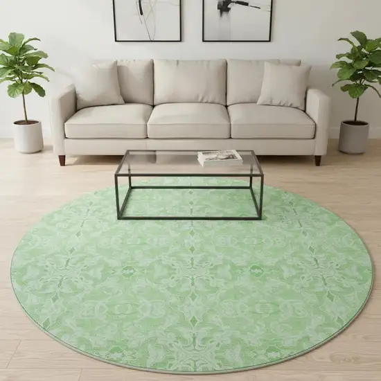 8' Lime Green And Ivory Medallion Washable Round Rug With UV Protection Photo 2