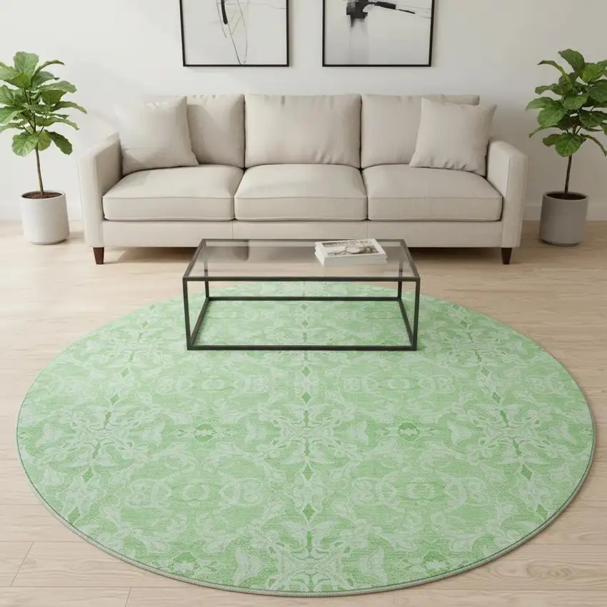 8' Lime Green And Ivory Medallion Washable Round Rug With UV Protection Photo 2
