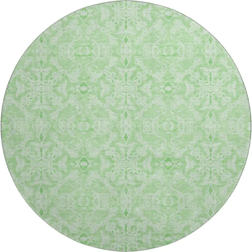 8' Lime Green And Ivory Medallion Washable Round Rug With UV Protection Photo 1