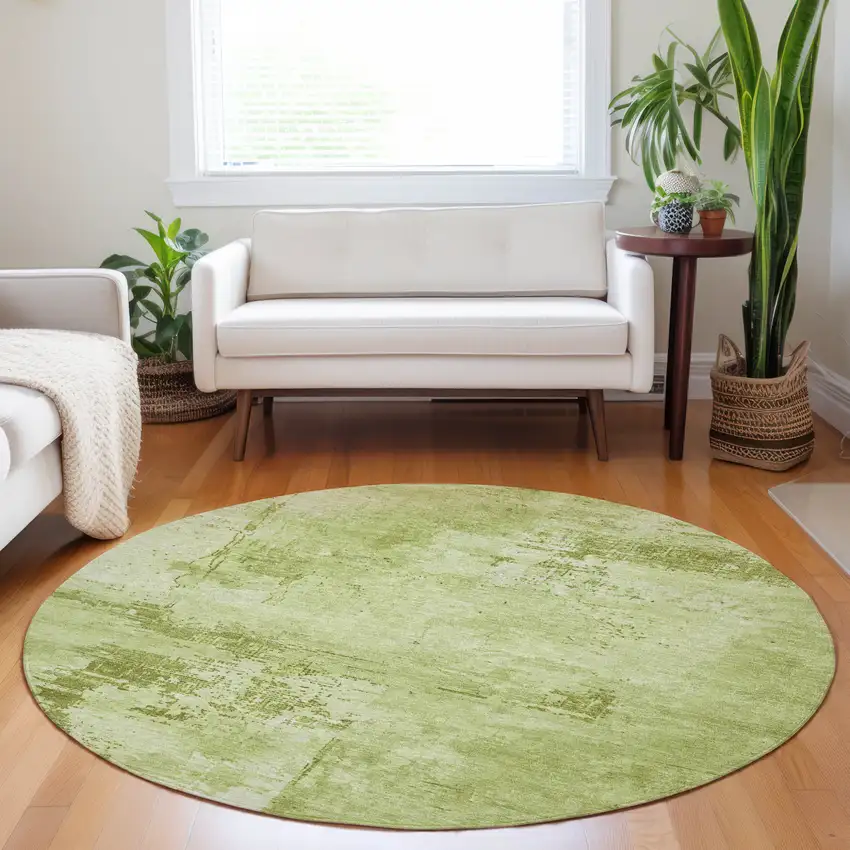 8' Lime Green And Ivory Round Abstract Washable Indoor Outdoor Area Rug Photo 8