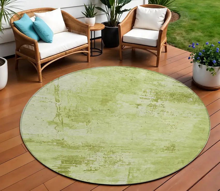 8' Lime Green And Ivory Round Abstract Washable Indoor Outdoor Area Rug Photo 1