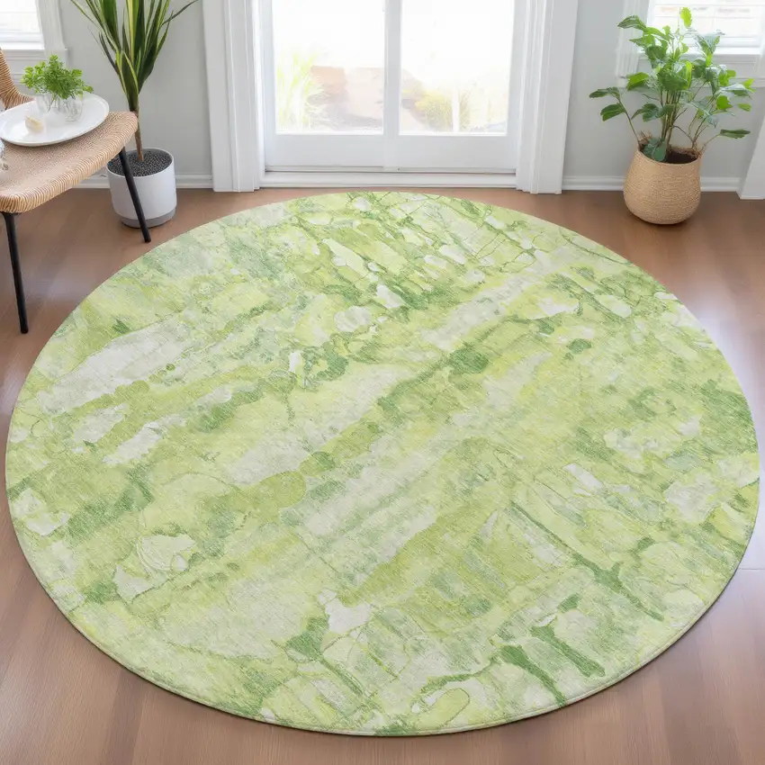 8' Lime Green And Ivory Round Abstract Washable Indoor Outdoor Area Rug Photo 7