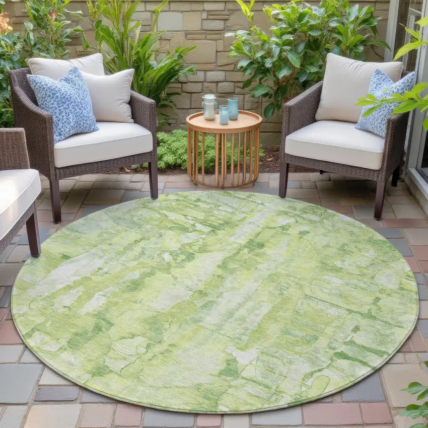 8' Lime Green And Ivory Round Abstract Washable Indoor Outdoor Area Rug Photo 6
