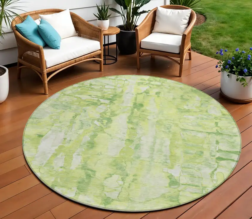 8' Lime Green And Ivory Round Abstract Washable Indoor Outdoor Area Rug Photo 1