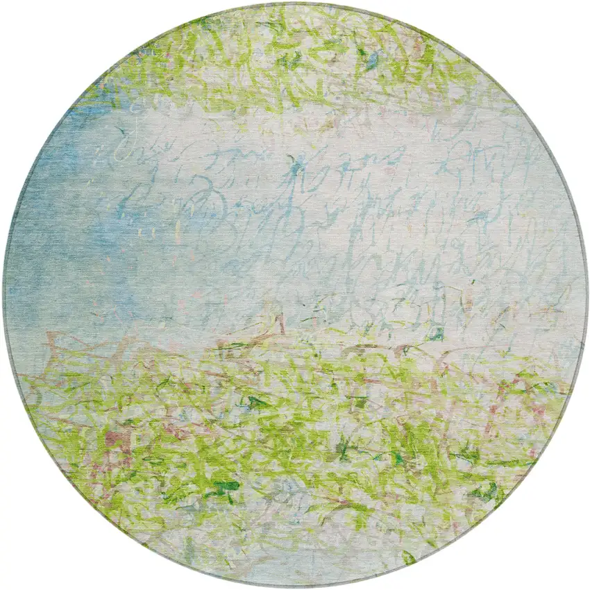 8' Lime Green And Ivory Round Abstract Washable Indoor Outdoor Area Rug Photo 1