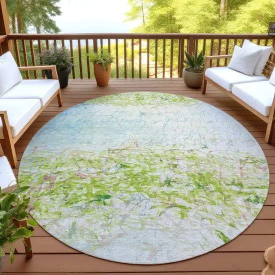 8' Lime Green And Ivory Round Abstract Washable Indoor Outdoor Area Rug Photo 4