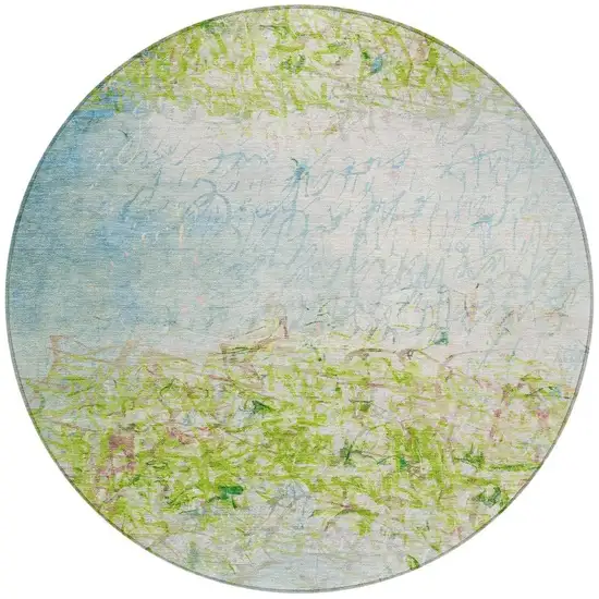 8' Lime Green And Ivory Round Abstract Washable Indoor Outdoor Area Rug Photo 3