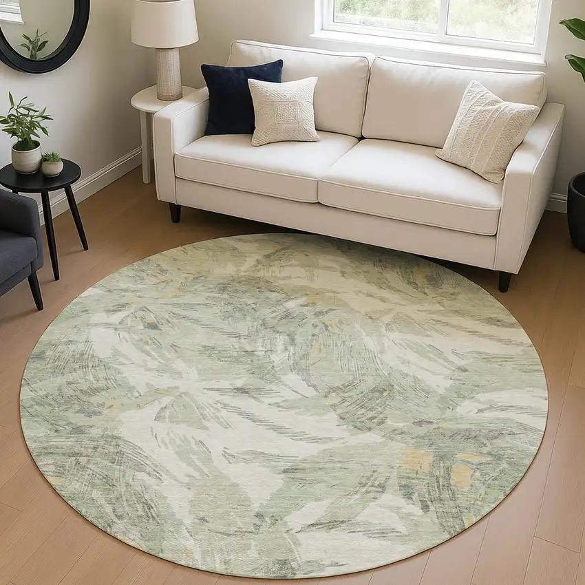 8' Lime Green And Ivory Round Floral Washable Indoor Outdoor Area Rug Photo 5