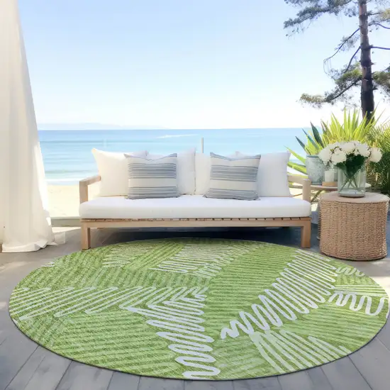 8' Lime Green And Ivory Round Floral Washable Indoor Outdoor Area Rug Photo 7