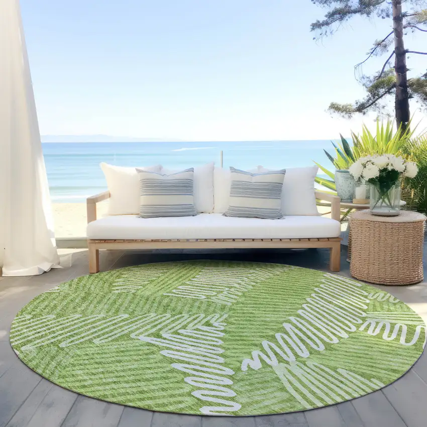 8' Lime Green And Ivory Round Floral Washable Indoor Outdoor Area Rug Photo 7