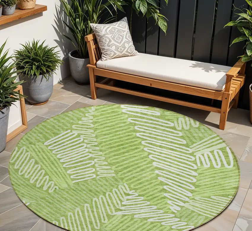 8' Lime Green And Ivory Round Floral Washable Indoor Outdoor Area Rug Photo 1