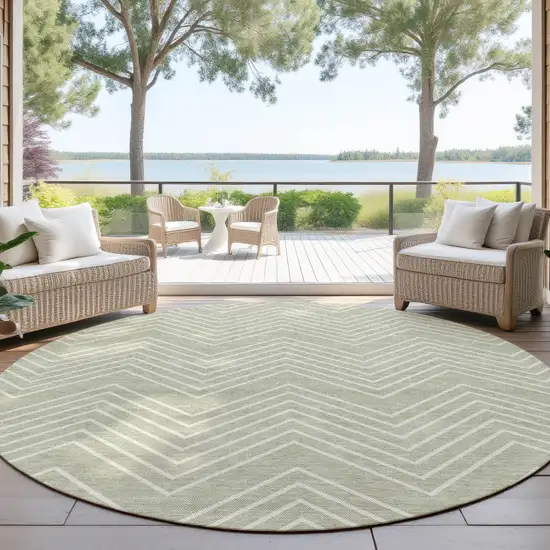 8' Lime Green And Ivory Round Geometric Washable Indoor Outdoor Area Rug Photo 4