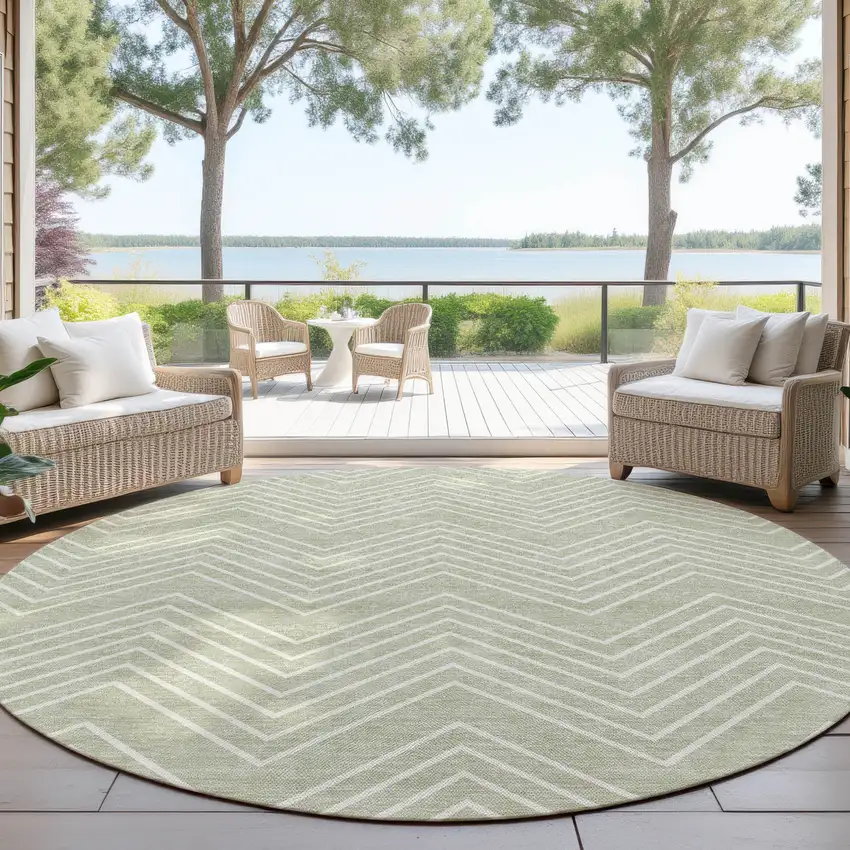 8' Lime Green And Ivory Round Geometric Washable Indoor Outdoor Area Rug Photo 4
