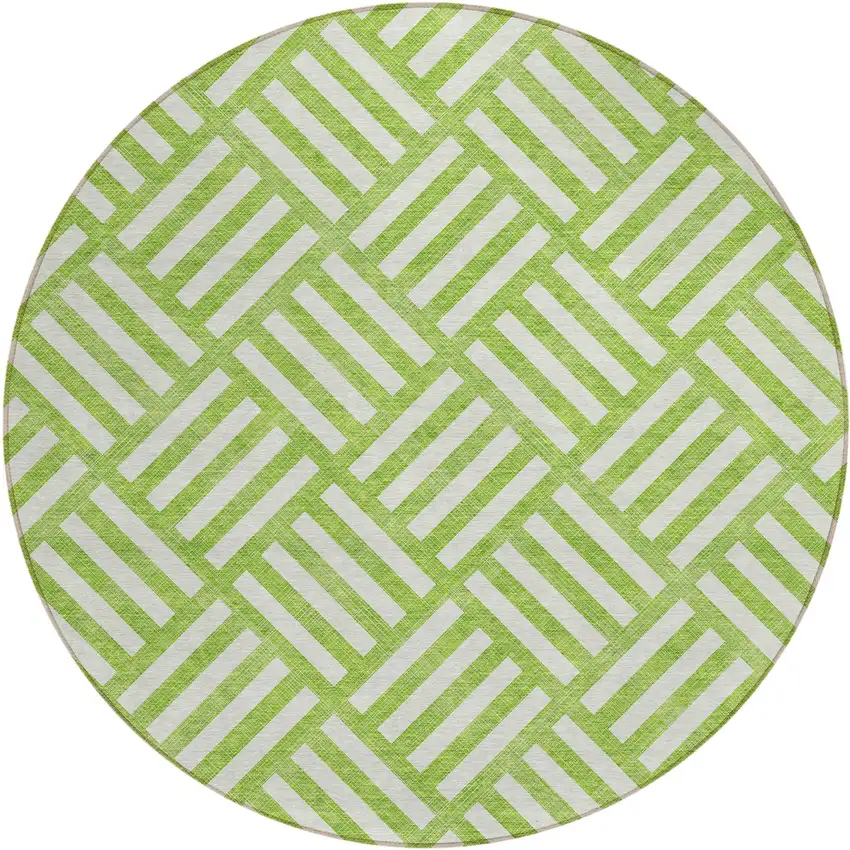 8' Lime Green And Ivory Round Geometric Washable Indoor Outdoor Area Rug Photo 2
