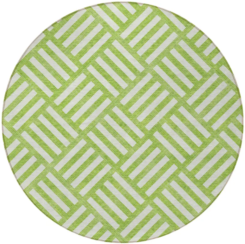 8' Lime Green And Ivory Round Geometric Washable Indoor Outdoor Area Rug Photo 5
