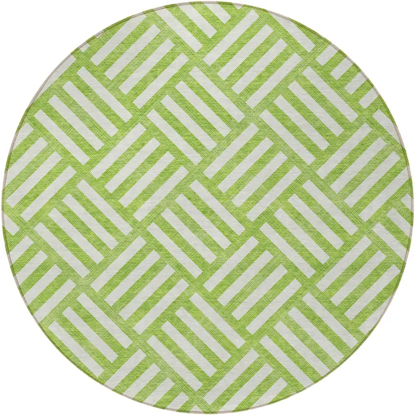 8' Lime Green And Ivory Round Geometric Washable Indoor Outdoor Area Rug Photo 5