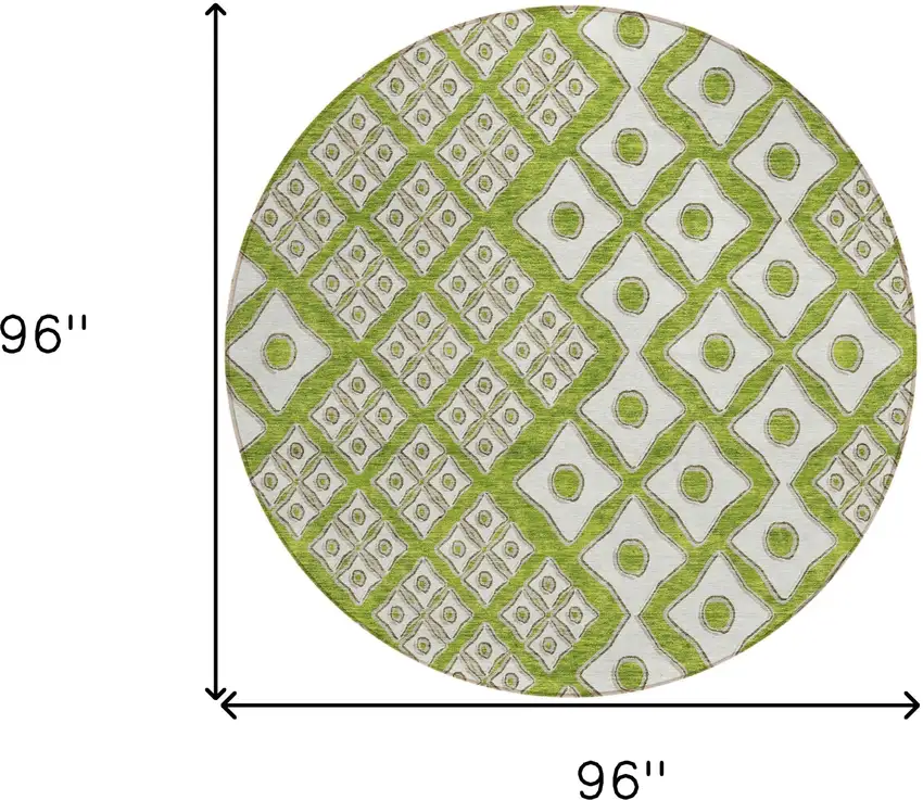 8' Lime Green And Ivory Round Geometric Washable Indoor Outdoor Area Rug Photo 3
