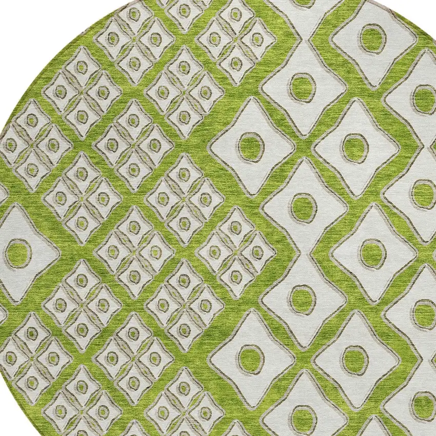 8' Lime Green And Ivory Round Geometric Washable Indoor Outdoor Area Rug Photo 4
