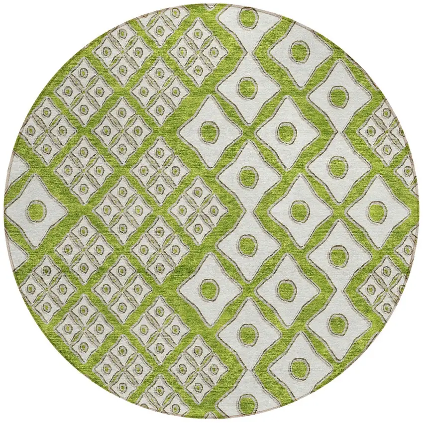 8' Lime Green And Ivory Round Geometric Washable Indoor Outdoor Area Rug Photo 6