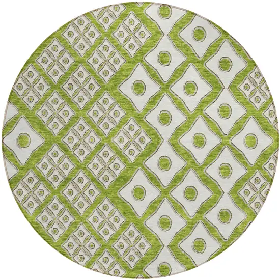8' Lime Green And Ivory Round Geometric Washable Indoor Outdoor Area Rug Photo 2
