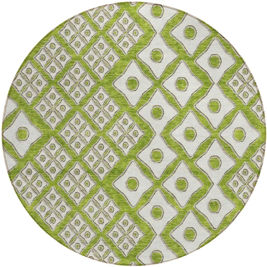 8' Lime Green And Ivory Round Geometric Washable Indoor Outdoor Area Rug Photo 2