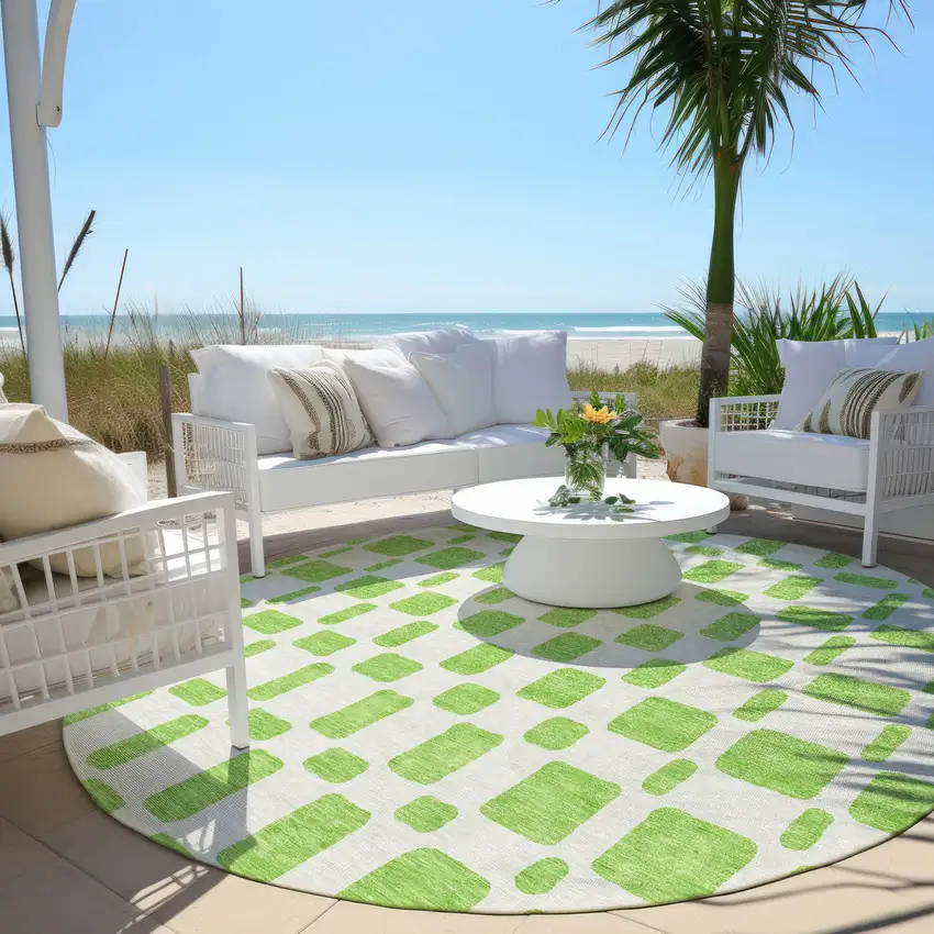 8' Lime Green And Ivory Round Geometric Washable Indoor Outdoor Area Rug Photo 6