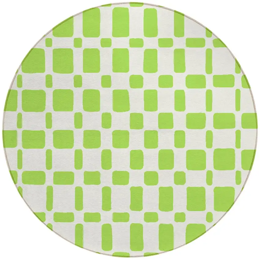 8' Lime Green And Ivory Round Geometric Washable Indoor Outdoor Area Rug Photo 5