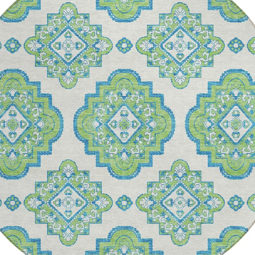 8' Lime Green And Ivory Round Medallion Washable Indoor Outdoor Area Rug Photo 4