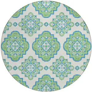 Photo of 8' Lime Green And Ivory Round Medallion Washable Indoor Outdoor Area Rug