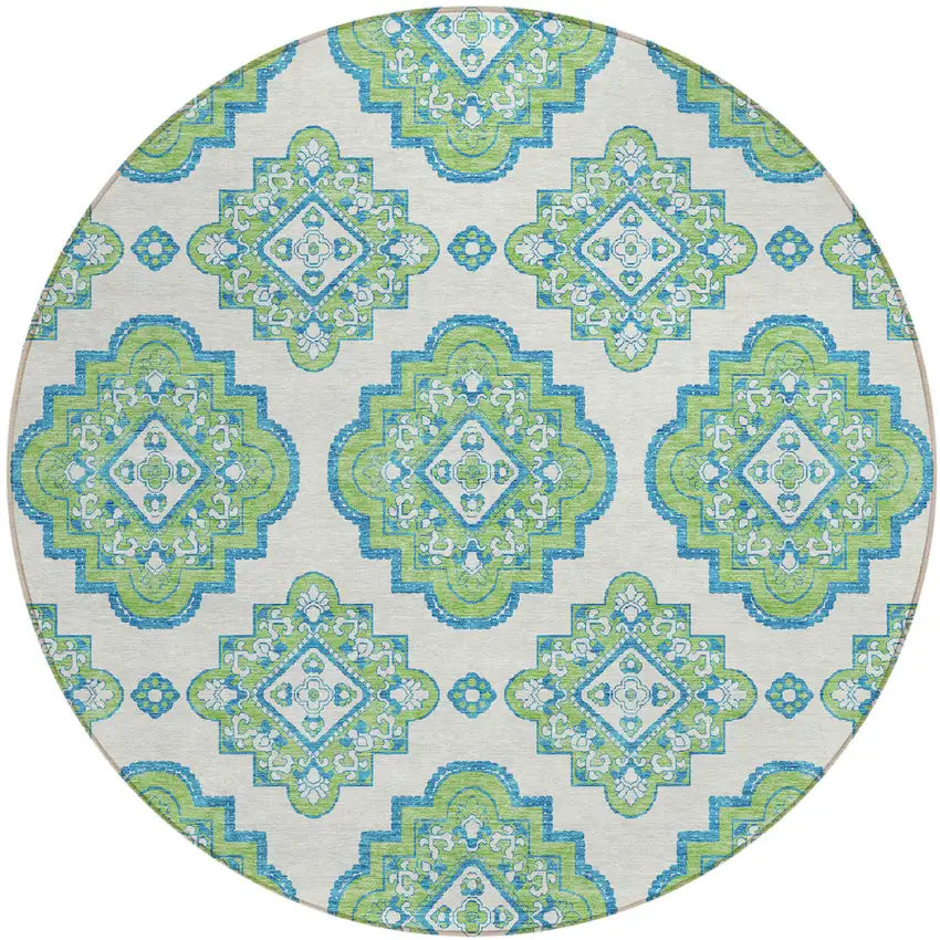 8' Lime Green And Ivory Round Medallion Washable Indoor Outdoor Area Rug Photo 1