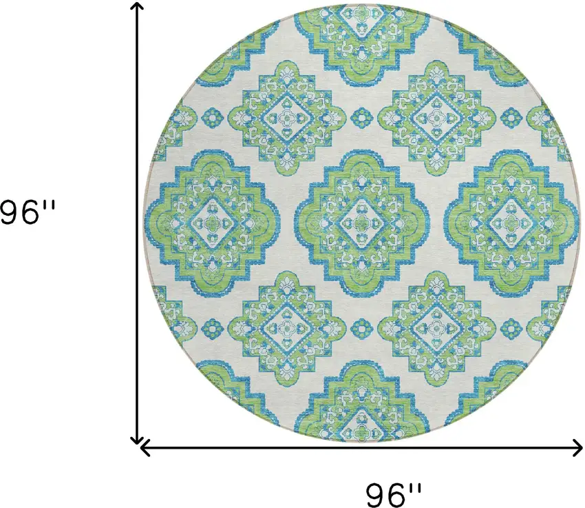 8' Lime Green And Ivory Round Medallion Washable Indoor Outdoor Area Rug Photo 3