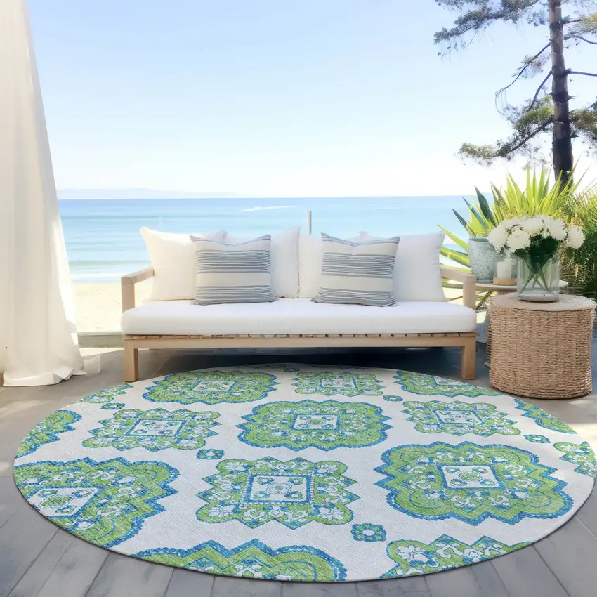 8' Lime Green And Ivory Round Medallion Washable Indoor Outdoor Area Rug Photo 7