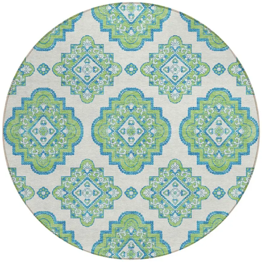 8' Lime Green And Ivory Round Medallion Washable Indoor Outdoor Area Rug Photo 6