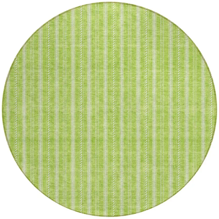 8' Lime Green And Ivory Round Striped Washable Indoor Outdoor Area Rug Photo 5