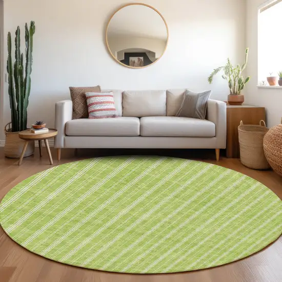 8' Lime Green And Ivory Round Striped Washable Indoor Outdoor Area Rug Photo 7