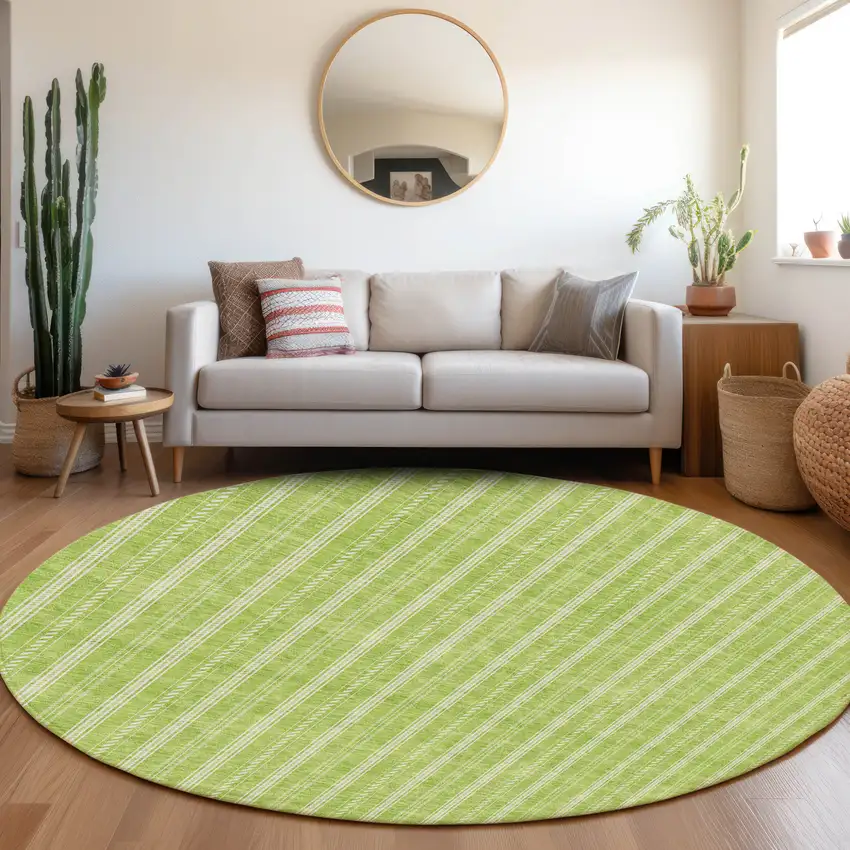 8' Lime Green And Ivory Round Striped Washable Indoor Outdoor Area Rug Photo 7