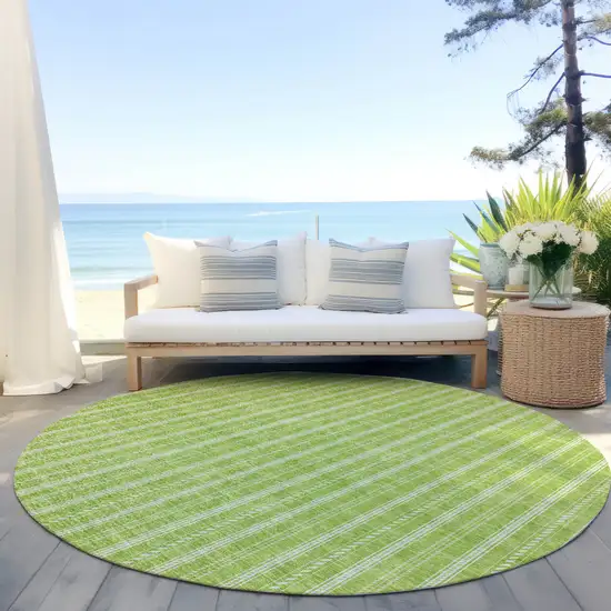 8' Lime Green And Ivory Round Striped Washable Indoor Outdoor Area Rug Photo 6