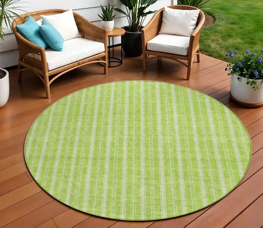 8' Lime Green And Ivory Round Striped Washable Indoor Outdoor Area Rug Photo 1