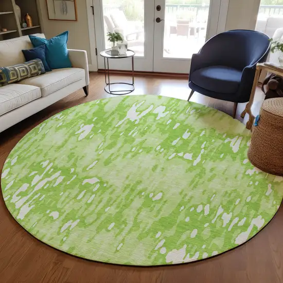 8' Lime Green And Ivory Round Striped Washable Indoor Outdoor Area Rug Photo 7