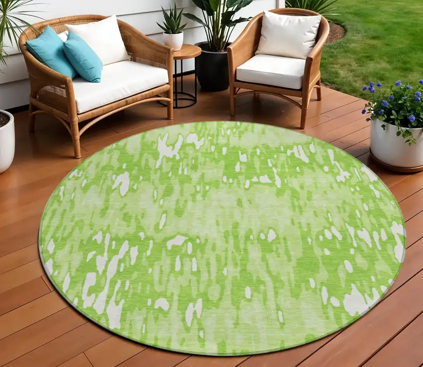 8' Lime Green And Ivory Round Striped Washable Indoor Outdoor Area Rug Photo 1