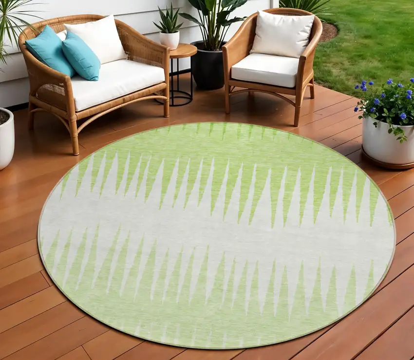 8' Lime Green And Ivory Round Striped Washable Indoor Outdoor Area Rug Photo 1