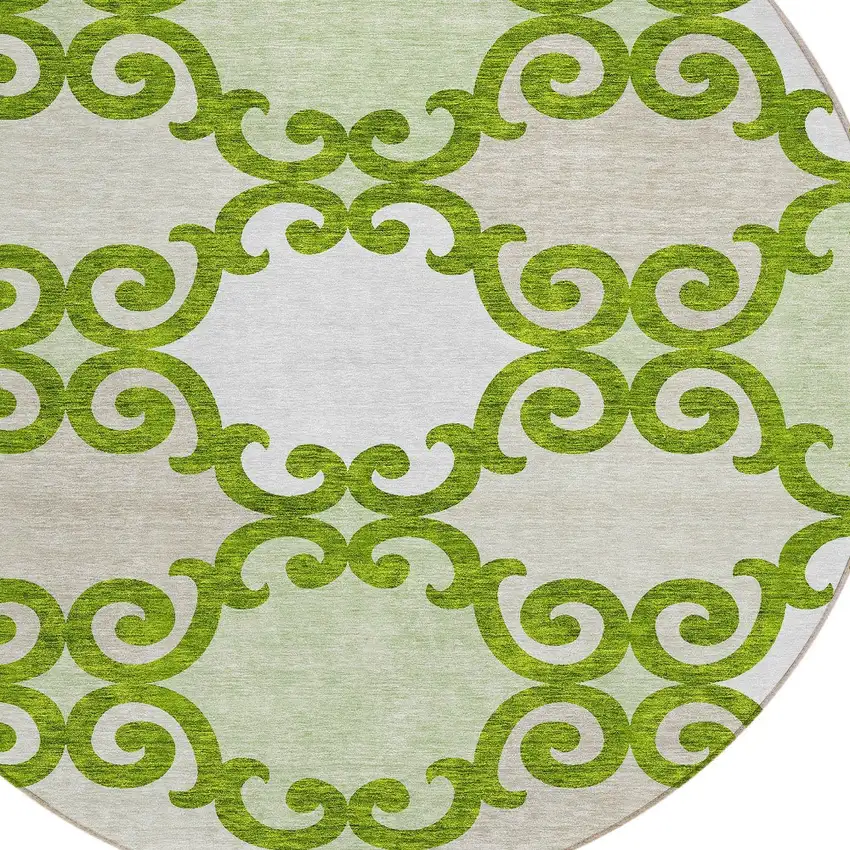 8' Lime Green And Ivory Round Trellis Washable Indoor Outdoor Area Rug Photo 4